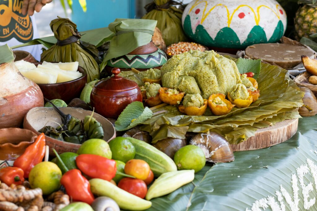 pexels-photo-17442712-17442712 Traditional Amazonian cuisine featuring juane and local produce in Yurimaguas, Peru.
